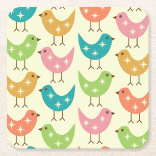 Mid Century Modern Colourful Atomic Birds Pattern Square Paper Coaster