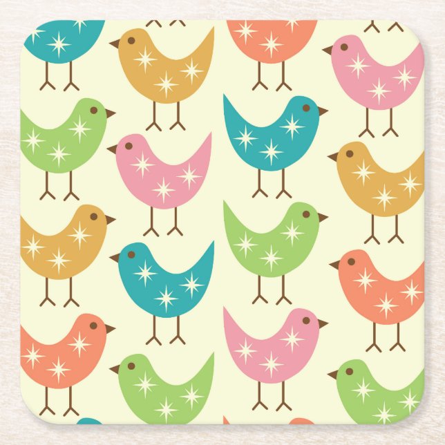 Mid Century Modern Colourful Atomic Birds Pattern  Square Paper Coaster (Front)