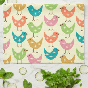 Mid Century Modern Colourful Atomic Birds Pattern Tea Towel