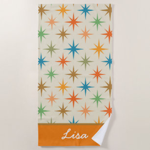 Mid century modern colourful atomic starburst Nam Beach Towel
