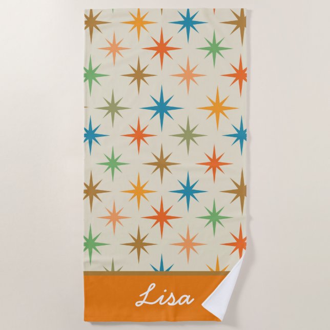 Mid century modern colourful atomic starburst  Nam Beach Towel (Front)