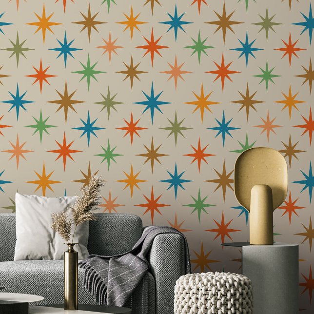 Mid Century Modern Colourful Atomic Starburst Wallpaper (Colorful Mid century Atomic starbursts on cream background )