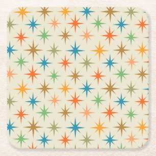 Mid century modern colourful atomic starbursts square paper coaster