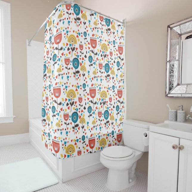 Mid Century Modern Colourful Floral Pattern Shower Curtain (In Situ)