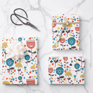 Mid Century Modern Colourful Floral Pattern Wrapping Paper Sheet