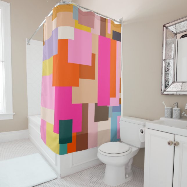 Mid Century Modern Colourful Geometric Abstract Shower Curtain (In Situ)