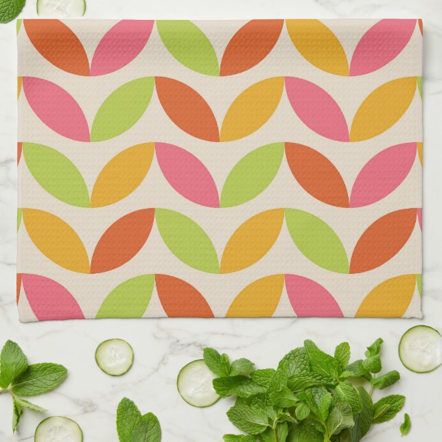 Mid Century Modern Colourful Leaves Pattern  Tea Towel (Folded)