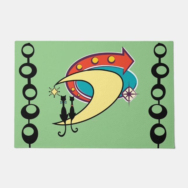 Mid Century Modern Cool Cat Boomerang Moon Doormat (Front)