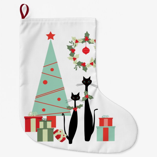 Mid Century Modern Cool Cat Pair & Christmas Tree Large Christmas Stocking (Front)