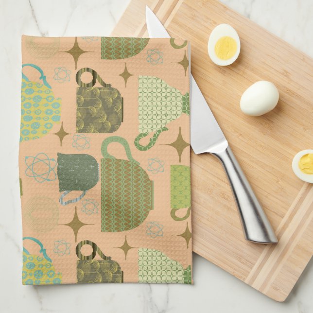 Mid Century Modern Coral Teacup  Tea Towel (Quarter Fold)