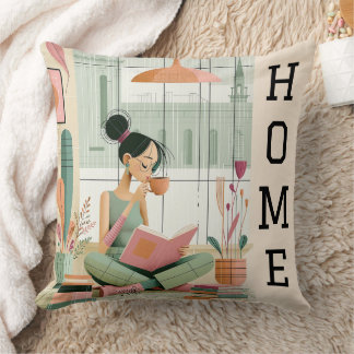 Mid Century Modern Cosy Girl Reading Book Home Cushion