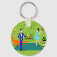 Mid Century Modern Couple Button Keychain