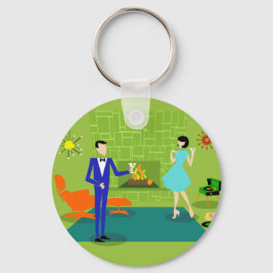 Mid Century Modern Couple Button Keychain