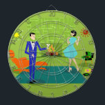 Mid Century Modern Couple Dart Board<br><div class="desc">This Mid Century Modern Couple Dart Board looks like a scene out of a romantic comedy. The 1960's style, minimalist art design features an attractive cartoon couple enjoying a romantic evening at home. The sophisticated room prominently features a green stone wall with a roaring fire in the fireplace. The furnishings...</div>