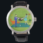 Mid Century Modern Couple Watch<br><div class="desc">This Mid Century Modern Couple Watch looks like a scene out of a romantic comedy. The 1960's style, minimalist art design features an attractive cartoon couple enjoying a romantic evening at home. The sophisticated room prominently features a green stone wall with a roaring fire in the fireplace. The furnishings in...</div>