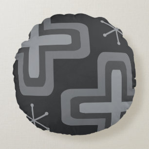 Mid Century Modern Crosses Dark Grey Round Cushion