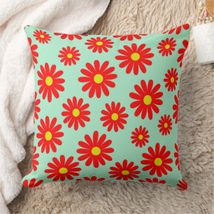 mid century modern daisies floral red cushion