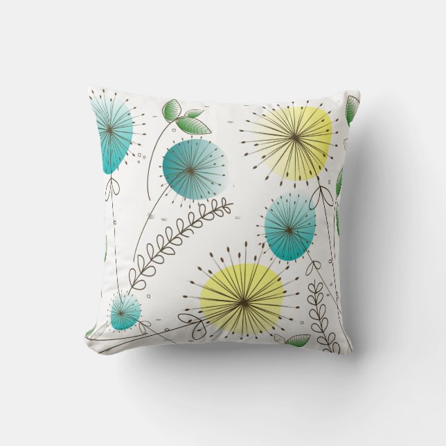 Mid-Century Modern Dandelion Clocks Blue Yellow Cushion (Front)