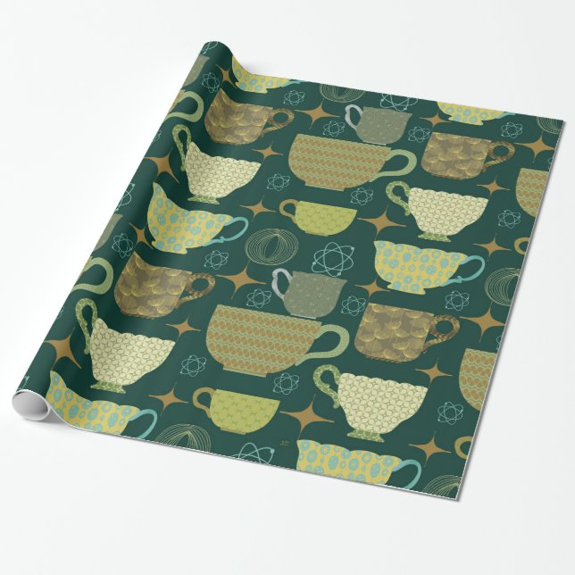 Mid Century Modern Dark Green Teacup  Wrapping Paper (Unrolled)