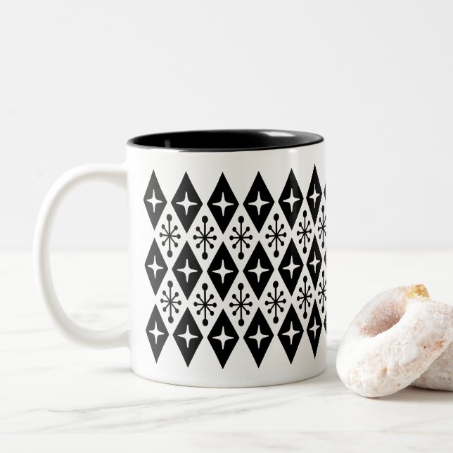 Mid Century Modern Diamond Starburst Pattern Two-Tone Coffee Mug (With Donut)