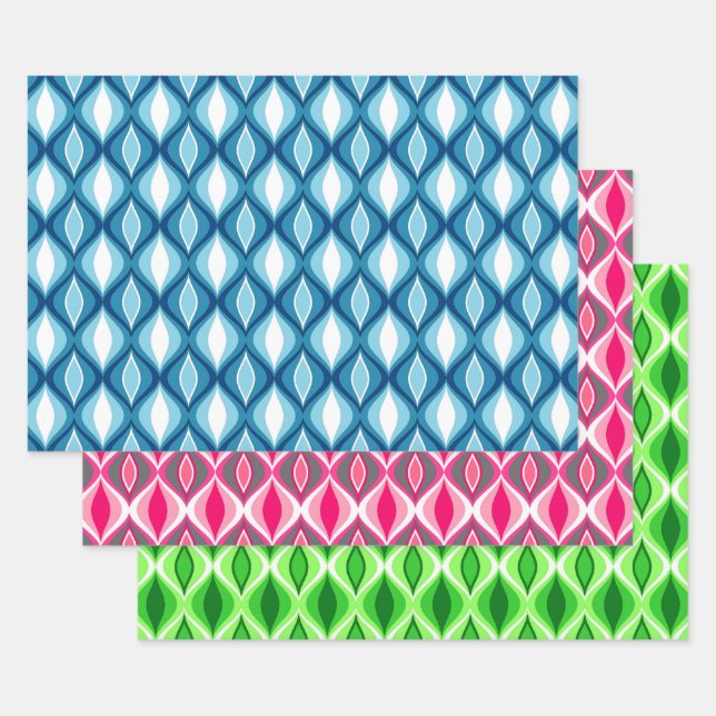 Mid-Century Modern Diamonds, Blue, Pink, Green Wrapping Paper Sheet (Set)