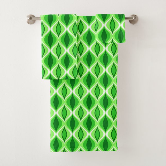 Mid-Century Modern Diamonds, Emerald & Lime Green  Bath Towel Set (Insitu)