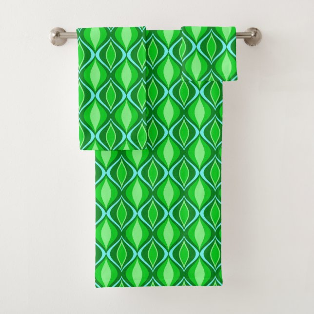 Mid-Century Modern Diamonds, Emerald & Lime Green  Bath Towel Set (Insitu)