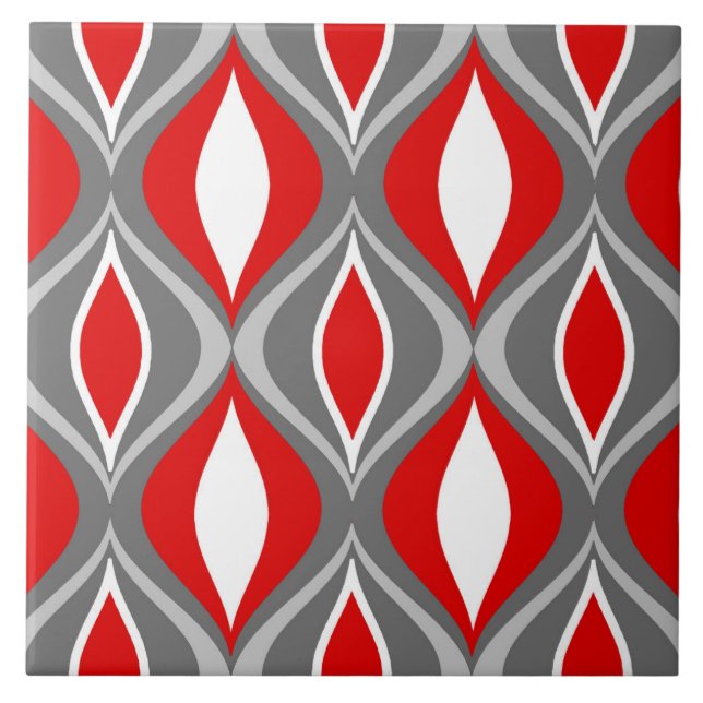 Mid-Century Modern Diamonds, Grey / Grey & Red Ceramic Tile (Front)
