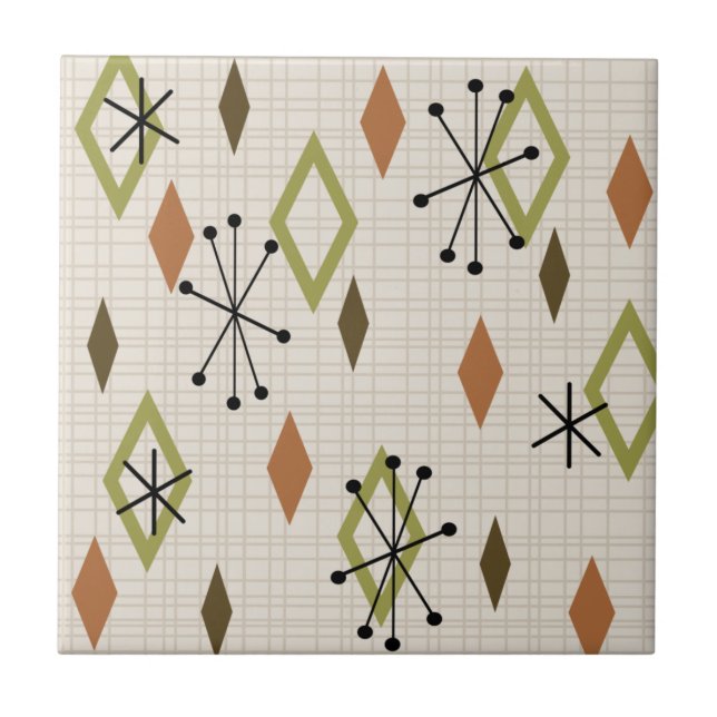 Mid Century Modern Diamonds Nature Earth Tones Ceramic Tile (Front)