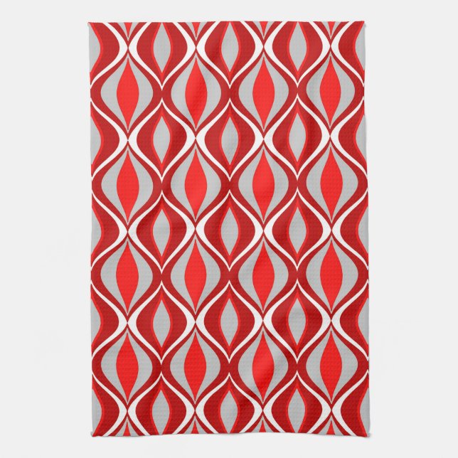 Mid-Century Modern Diamonds, Red & Grey / Grey Tea Towel (Vertical)