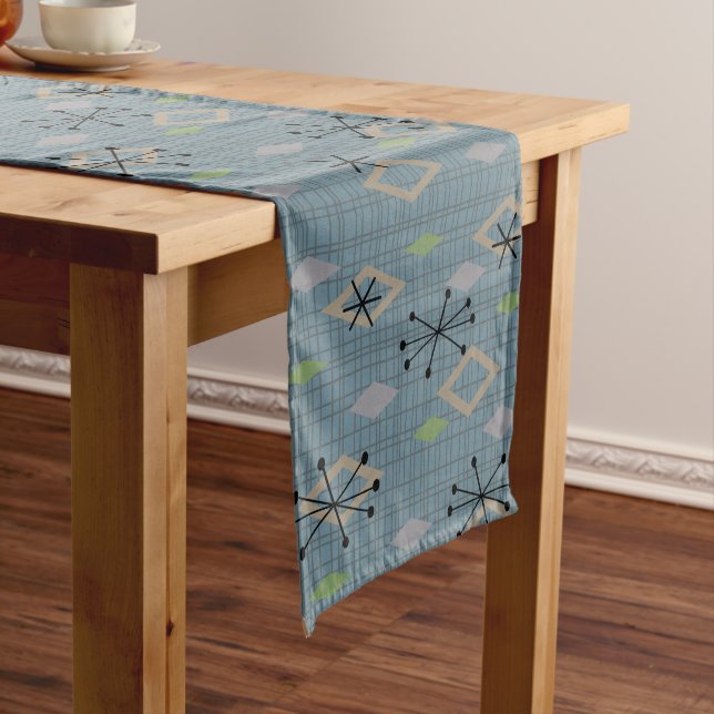Mid Century Modern Diamonds Slate Grey Blue Short Table Runner (In Situ)