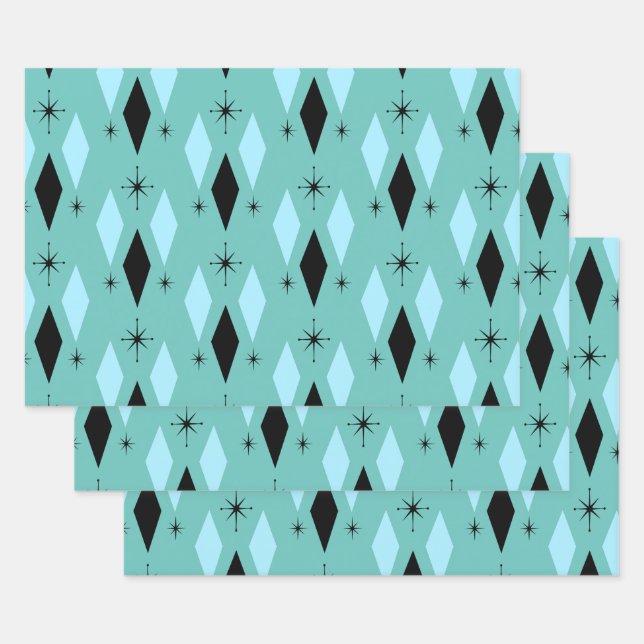 Mid Century Modern Diamonds Starbursts Teal Blue Wrapping Paper Sheet (Set)