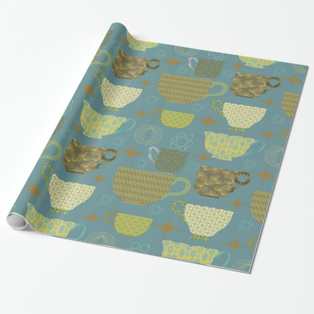 Mid Century Modern Dusty Blue Teacup  Wrapping Paper (Unrolled)