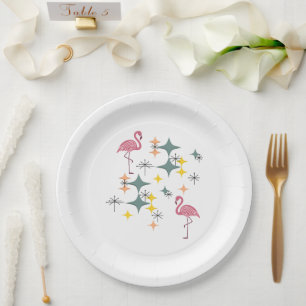 Mid Century Modern Eames Atomic Era Pink Flamingos Paper Plate
