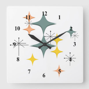 Mid Century Modern Eames Atomic Starbursts Custom Square Wall Clock