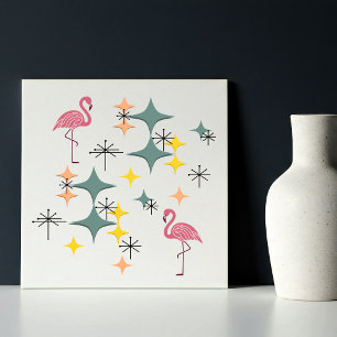 Mid Century Modern Eames Starbursts Pink Flamingos Ceramic Tile
