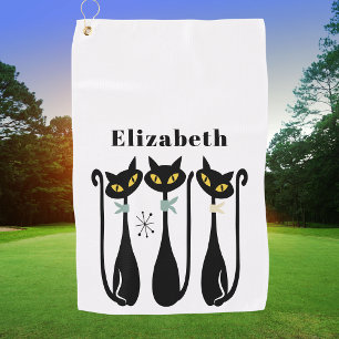 Mid Century Modern Elegant Trendy Black Cat Golfer Golf Towel