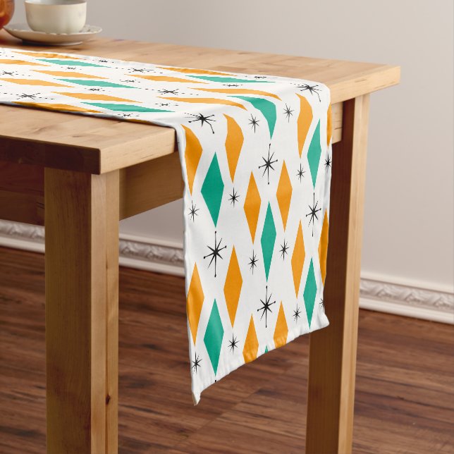 Mid Century Modern Era Diamonds Orange Turquoise Long Table Runner (In Situ)