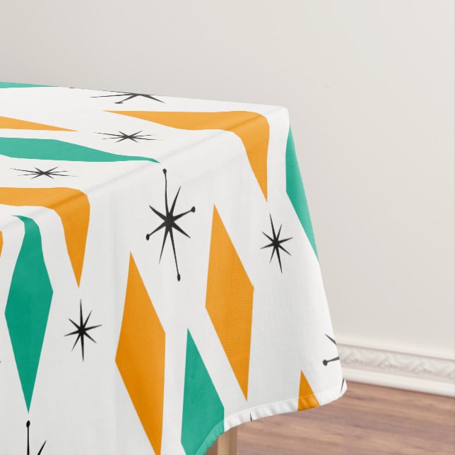 Mid Century Modern Era Diamonds Orange Turquoise Tablecloth (In Situ)