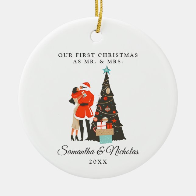 Mid-Century Modern | First Christmas as Mr. & Mrs. Ceramic Ornament (Front)