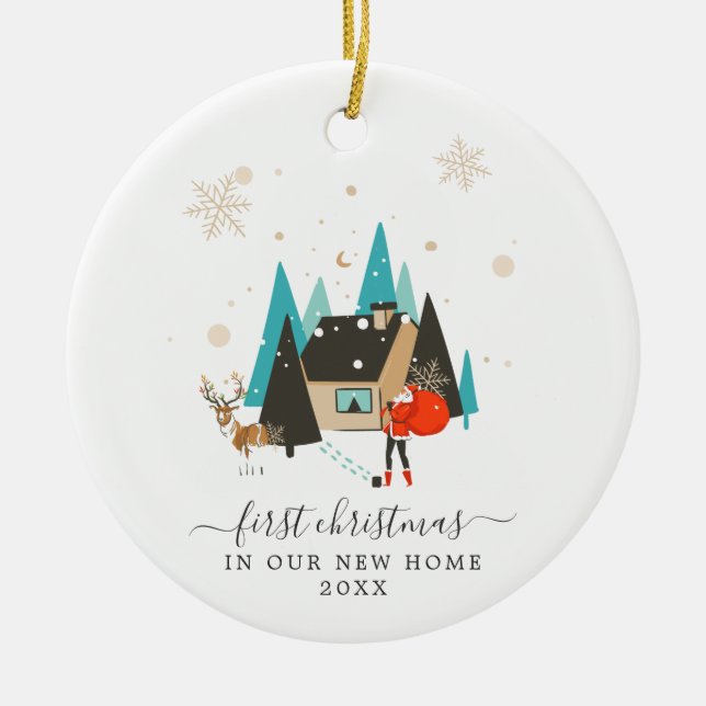 Mid-Century Modern | First Christmas New Home Ceramic Ornament (Front)