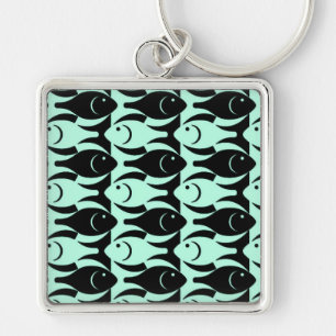 Mid-Century Modern fish, aqua and black Key Ring