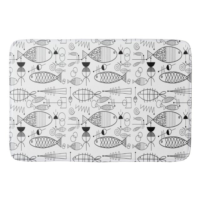 Mid-Century Modern Fish Art Black White Bath Mat (Front)