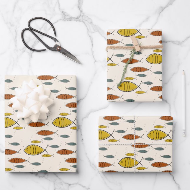 Mid Century Modern Fish Atomic Era Beige Custom Wrapping Paper Sheet (Front)
