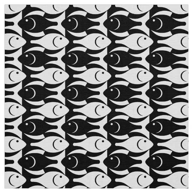 Mid-Century Modern fish, black and white Fabric (Swatch)