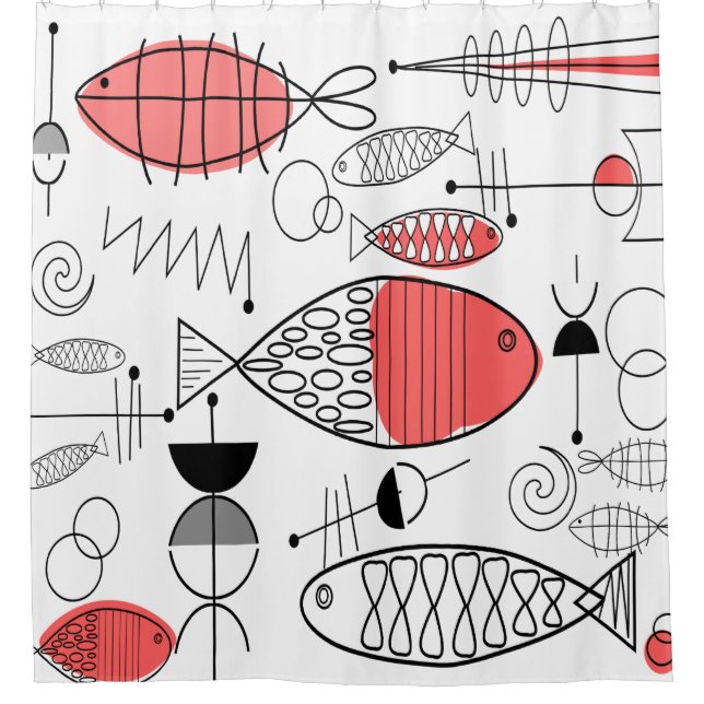 Mid-Century Modern Fish Black White Salmon Pink Shower Curtain (Front)