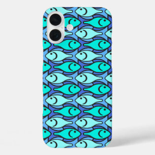 Mid-Century Modern fish, blue and aqua iPhone 16 Plus Case