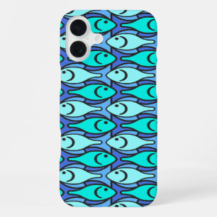 Mid-Century Modern fish, blue and aqua iPhone 16 Plus Case
