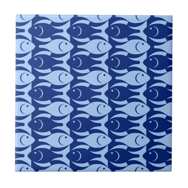 Mid-Century Modern fish, cobalt and light blue Ceramic Tile (Front)