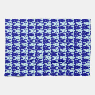 Mid-Century Modern fish, cobalt and light blue Tea Towel